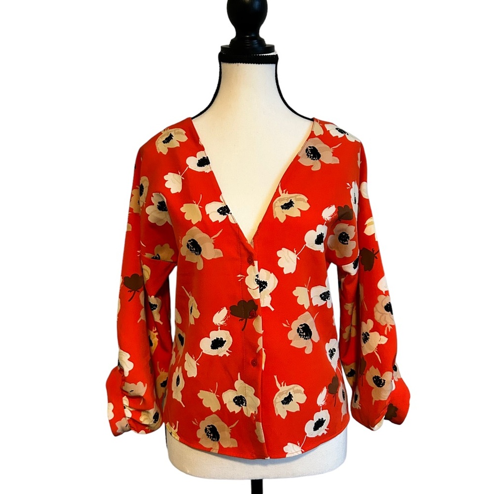 Boho-Chic ZARA Floral Red  Women’s Blouse with Bishops Sleeves Size Small - Picture 8 of 8